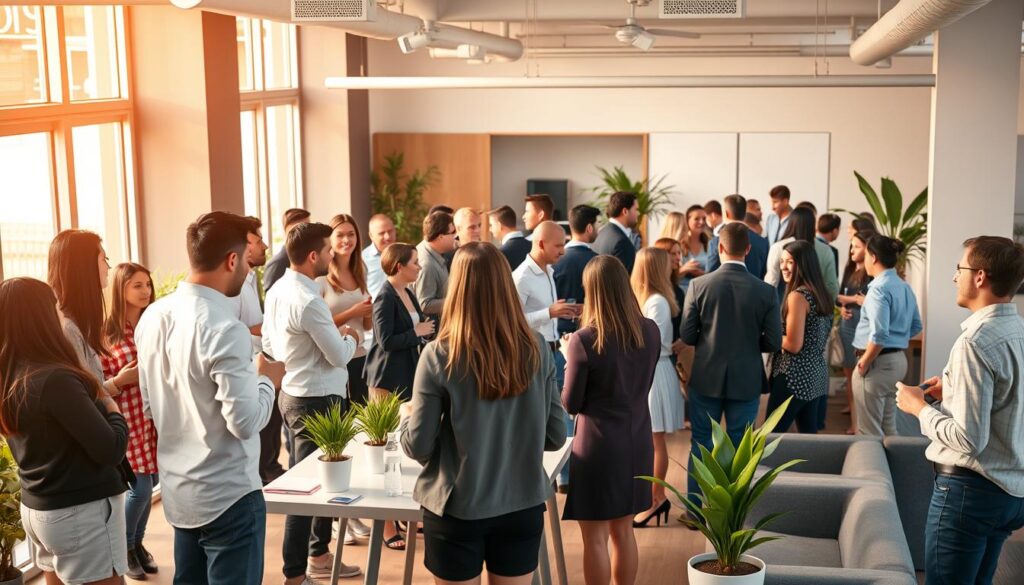 A vibrant and dynamic office setting, illuminated by warm, natural lighting filtering through large windows. In the foreground, a group of diverse entrepreneurs engaged in animated discussions, exchanging business cards and ideas. In the middle ground, a central table hosts a lively networking event, filled with individuals from various industries mingling and forging connections. The background showcases modern, minimalist decor, with sleek furniture and strategically placed potted plants, creating a professional yet inviting atmosphere. The overall scene conveys a sense of collaboration, opportunity, and the potential for impactful business relationships to blossom.