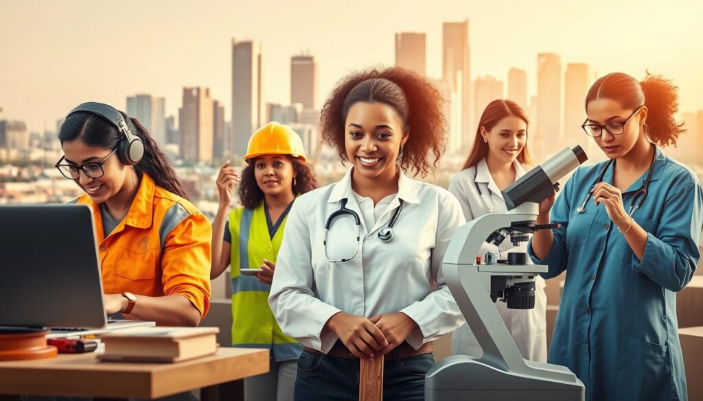 A vibrant and dynamic scene showcasing a diverse range of skills and employment opportunities for women. In the foreground, a group of women engaged in various professional activities - a software engineer coding at a laptop, a carpenter confidently wielding power tools, and a medical researcher examining samples under a microscope. In the middle ground, an array of career pathways are represented, from construction and manufacturing to healthcare and technology. The background features a modern city skyline, symbolizing the urban landscape of economic opportunity. The lighting is warm and inviting, creating a sense of empowerment and optimism. The overall composition conveys the transformative potential of women's job training programs, elevating their skills and unlocking new avenues for fulfilling careers.