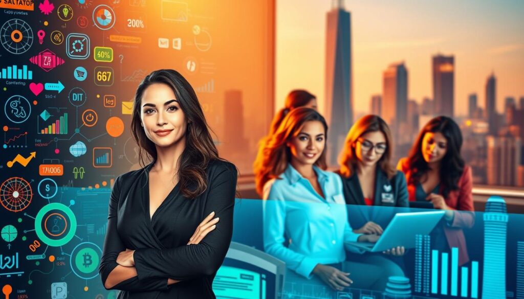 A vibrant and dynamic scene showcasing the unique benefits of specialized training for women in the tech industry. In the foreground, a confident woman stands amid a swirl of colorful data visualizations, symbols, and icons, representing the invaluable insights and expertise gained through focused training. The middle ground features a diverse group of women collaborating on a cutting-edge project, their expressions radiating determination and empowerment. In the background, a sleek, futuristic cityscape serves as a backdrop, hinting at the boundless opportunities that specialized training can unlock. Warm, directional lighting illuminates the scene, creating a sense of inspiration and progress. The overall atmosphere conveys the transformative power of tailored education, empowering women to shatter glass ceilings and thrive in the tech landscape.