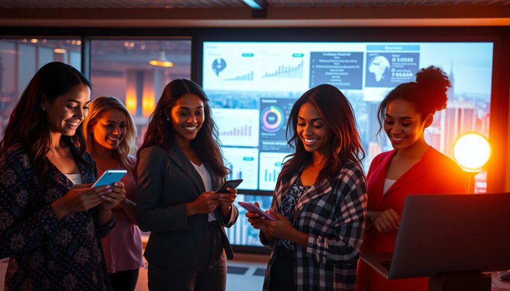 A vibrant digital landscape where empowered women stand tall, their faces illuminated by the glow of smartphones and laptops. In the foreground, a group of diverse individuals collaborate on a project, their expressions determined and focused. In the middle ground, a large touchscreen display showcases data visualizations and interactive dashboards, representing the digital tools that empower their decision-making. The background is a panoramic view of a bustling city skyline, symbolizing the expansive reach of their political and civic influence. The scene is bathed in a warm, incandescent light, conveying a sense of progress, innovation, and a future where women's voices and actions shape the world.