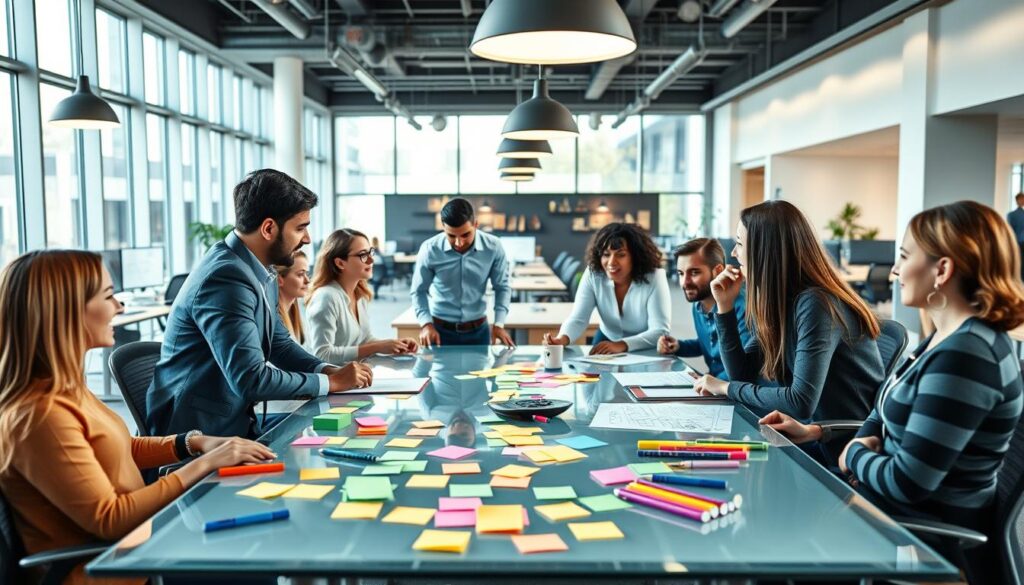 A vibrant, modern office setting with a focus on employee engagement strategies. In the foreground, a group of diverse employees collaborating at a large, glass-topped table, engaged in discussion and brainstorming. Colorful sticky notes, whiteboards, and markers scattered across the table, showcasing their creative process. The middle ground features an open, airy workspace with ergonomic desks and chairs, promoting a sense of comfort and productivity. The background includes floor-to-ceiling windows, allowing natural light to flood the space and create a warm, inviting atmosphere. Soft, diffused lighting illuminates the scene, with strategically placed pendant lamps adding depth and visual interest. The overall mood is one of dynamism, collaboration, and a shared sense of purpose.