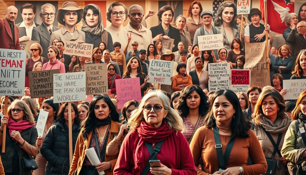 A vivid historical tapestry depicting the global feminist movement, showcasing diverse voices and perspectives. In the foreground, a powerful group of women protesters march with determination, their signs and banners reflecting their demands for equality and justice. In the middle ground, iconic figures from different eras and regions stand united, their faces radiating strength and resilience. The background is a mosaic of influential events, from the Suffragette marches to the modern-day Women's Marches, all illuminated by warm, golden lighting that evokes a sense of timeless struggle and triumph. The composition conveys the enduring and interconnected nature of the feminist struggle across cultures and generations.