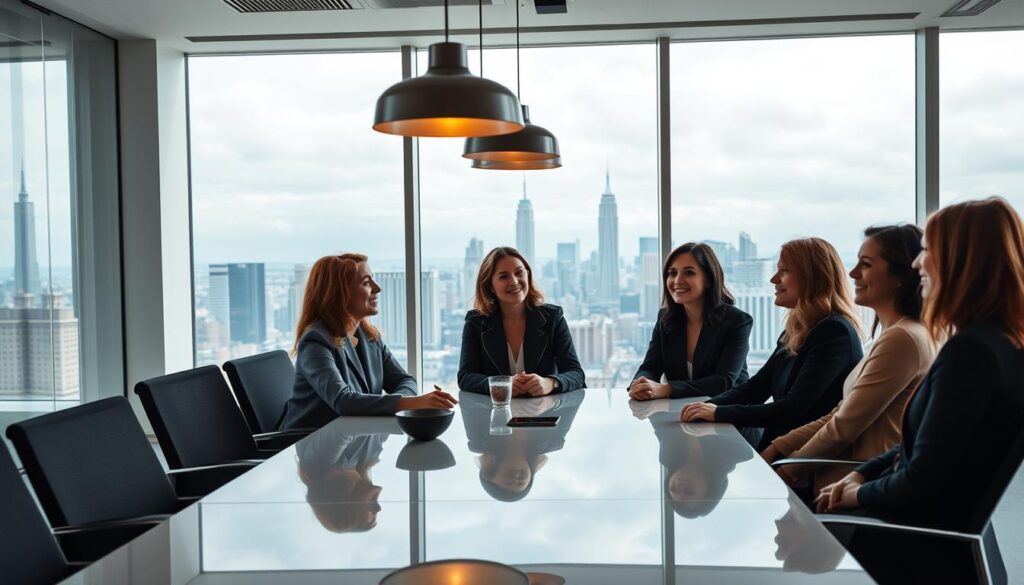 A well-lit, airy office space with a modern, minimalist design. At the center, a group of female founders sit around a polished conference table, engaged in an animated discussion. Their faces are expressive, conveying a sense of mentorship and collaboration. In the background, floor-to-ceiling windows offer a panoramic view of a dynamic city skyline, symbolizing the entrepreneurial spirit. Subtle lighting from sleek pendant lamps casts a warm glow, creating an atmosphere of thoughtful exchange and mutual support. The overall scene evokes a dynamic, empowering environment where experienced leaders guide and inspire the next generation of female innovators.