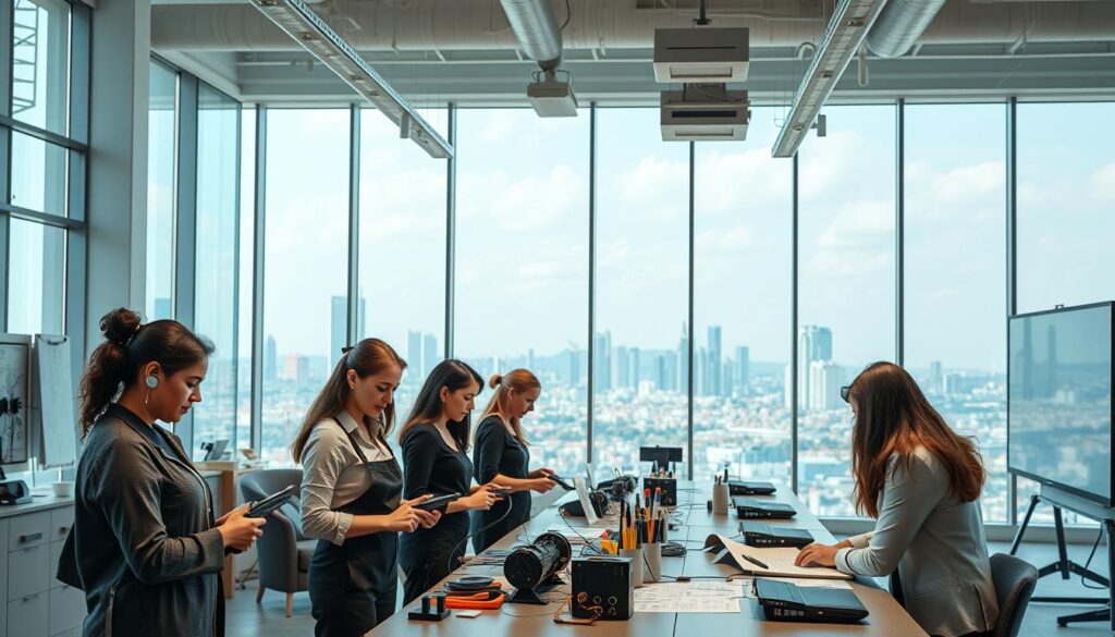 A well-lit, high-resolution image of a modern, industry-focused training facility for women. In the foreground, a group of diverse women in professional attire are engaged in hands-on technical training, using state-of-the-art equipment and tools. The middle ground showcases a bright, airy classroom setting with large windows, comfortable seating, and a digital whiteboard displaying technical schematics. In the background, a panoramic view of a bustling urban skyline, conveying a sense of progress and opportunity. The overall atmosphere is one of empowerment, innovation, and a strong commitment to equipping women with the skills and resources they need to succeed in high-demand industries.