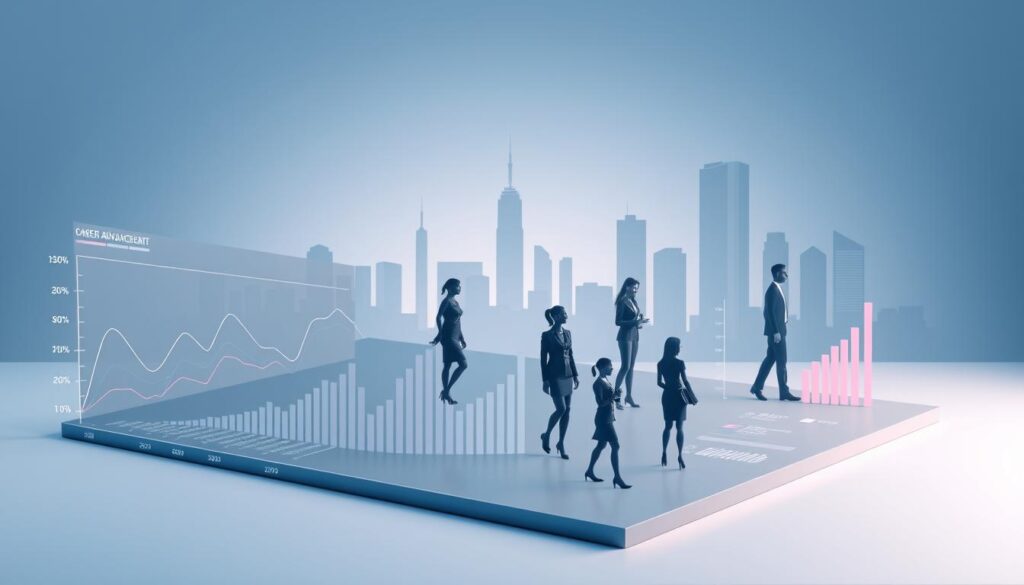 Detailed three-dimensional infographic visualizing career advancement data trends for women over the past decade. Sleek, minimalist design with a muted color palette of blues, grays, and soft pinks. Foreground displays dynamic line graphs and bar charts tracing employment rates, promotion metrics, and pay gap indicators. Middle ground features stylized silhouettes of diverse professional women in different roles. Background shows a subdued urban cityscape with skyscrapers and office buildings, conveying a sense of progress and momentum. Cool, diffused lighting from multiple angles creates depth and dimension. High-resolution, photorealistic rendering with a crisp, clean aesthetic.