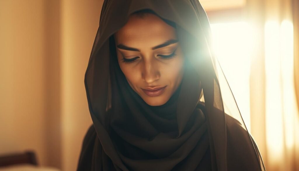 A beautiful Egyptian woman wearing a traditional hijab, her face framed by the flowing fabric. Sunlight filters through the window, casting a warm, ethereal glow on her serene features. She stands in a simple, elegant room, the background a muted palette of earth tones, allowing her to be the focal point. The image conveys a sense of quiet contemplation, as if the woman is lost in thought, her eyes downcast. The composition is balanced and the lighting is soft, creating an atmosphere of tranquility and introspection.