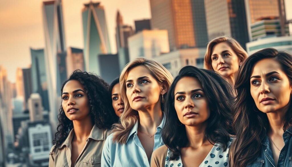 A bustling cityscape with towering skyscrapers in the background, reflecting the financial landscape. In the foreground, a diverse group of women, each facing unique financial challenges - from budgeting, to saving, to investing. Their expressions convey a range of emotions, from determination to concern, as they navigate the complexities of personal finance. The lighting is warm and inviting, creating a sense of hope and empowerment. The composition emphasizes the women's perspectives, highlighting the unique financial experiences and barriers they face, in contrast to the larger, male-dominated world of finance. A bustling cityscape with towering skyscrapers in the background, reflecting the financial landscape. In the foreground, a diverse group of women, each facing unique financial challenges - from budgeting, to saving, to investing. Their expressions convey a range of emotions, from determination to concern, as they navigate the complexities of personal finance. The lighting is warm and inviting, creating a sense of hope and empowerment. The composition emphasizes the women's perspectives, highlighting the unique financial experiences and barriers they face, in contrast to the larger, male-dominated world of finance.