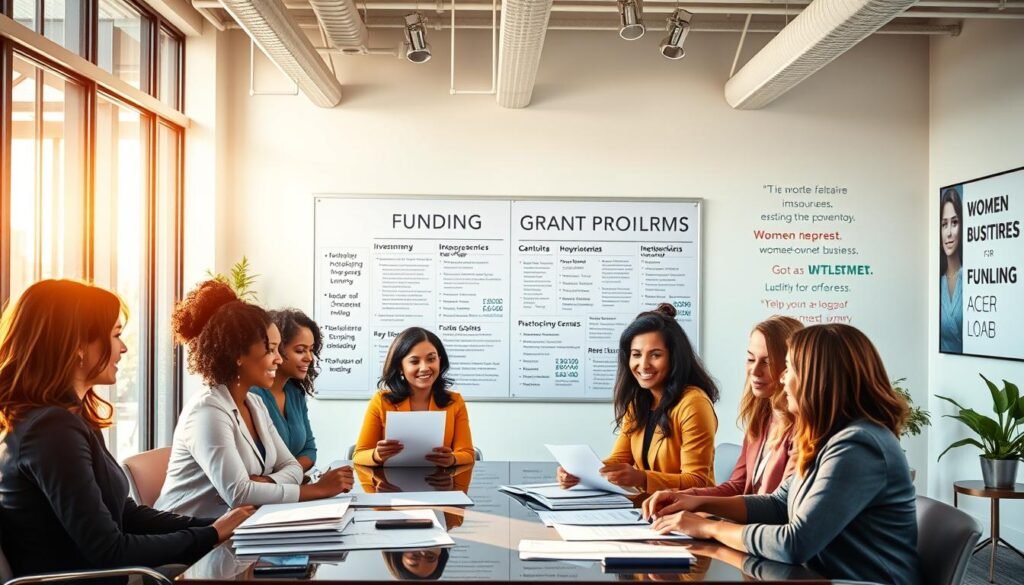 A bustling modern office interior, bathed in warm natural lighting from large windows. In the foreground, a diverse group of women entrepreneurs, each with an expression of determination and optimism, seated around a conference table, reviewing financial documents and discussing potential funding opportunities. In the middle ground, a large bulletin board showcases various grant programs, investment resources, and networking events specifically tailored for women-owned businesses. The background features sleek, minimalist decor, with inspirational quotes and motivational artwork adorning the walls, conveying a sense of empowerment and support for female entrepreneurship.