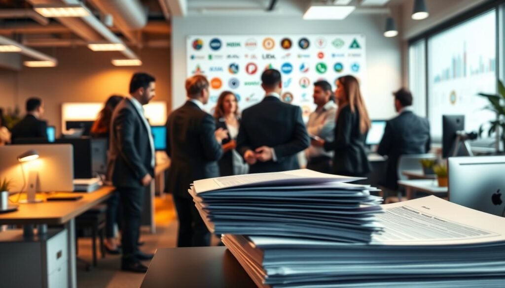 A bustling office space, filled with the hum of activity and the glow of computer screens. In the foreground, a desk with a stack of documents, carefully organized and labeled "Industry Specific Business Grants". The middle ground features a group of professionals in business attire, engaged in animated discussions, highlighting the collaborative nature of securing funding. In the background, a wall display showcases various logos and icons representing different industries, emphasizing the diversity of grant opportunities. The lighting is warm and inviting, creating a sense of productivity and success. A clean, modern aesthetic with a touch of professionalism pervades the scene, mirroring the high-stakes world of startup funding.