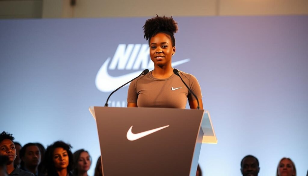 A confident, charismatic Nike ambassador stands at a podium, delivering an engaging speaking engagement. Soft, warm lighting illuminates her face, highlighting her poise and energy. In the foreground, a modern, sleek podium takes center stage, reflecting the ambassador's professional demeanor. Behind her, a minimalist, elegant backdrop showcases the Nike brand, creating a visually striking and inspirational scene. The audience, their faces obscured, lean in, captivated by the speaker's dynamic presence. The composition captures the essence of a powerful, transformative public speaking event led by a renowned figure.