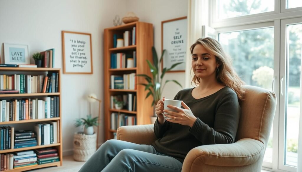 A cozy, well-lit room with soft, warm lighting. In the foreground, a woman sitting comfortably on a plush armchair, a mug of tea in her hands, her expression calm and reflective. In the middle ground, a bookshelf filled with self-help books and journals, a potted plant, and a framed inspirational quote on the wall. The background features a large window overlooking a serene garden, with sunlight streaming in, creating a sense of tranquility and rejuvenation. The overall atmosphere conveys a peaceful, nurturing space for self-care and emotional healing.