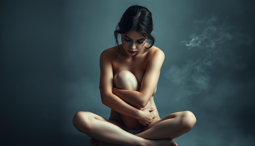 A delicate young woman sits alone, her gaze downcast, her body curled in on itself. The lighting is soft and diffuse, creating a somber, introspective atmosphere. In the background, wispy clouds of mist or smoke suggest a hazy, dreamlike quality, underscoring the fragility and isolation of the subject. The composition is balanced, with the woman occupying the central focus, surrounded by negative space that amplifies her vulnerability. The attention to detail is exquisite, capturing the nuanced emotional state and the unique challenges faced by those struggling with eating disorders, a condition that disproportionately affects women.