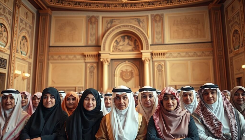 A dignified gathering of women in traditional Saudi Arabian attire, seated in a grand, well-lit council chamber. The foreground features a row of poised, confident figures in abayas and hijabs, facing the viewer with resolute expressions. In the middle ground, the ornate architecture and decor of the Shura Council chamber is visible, with intricate arches, ornamental columns, and a sense of grandeur. The background is softly lit, creating a warm, respectful atmosphere that emphasizes the importance of the moment. The lighting is natural, coming from large windows, casting a gentle glow on the participants. The overall scene conveys a sense of progress, empowerment, and the influential role of women in Saudi Arabia's government and decision-making processes.