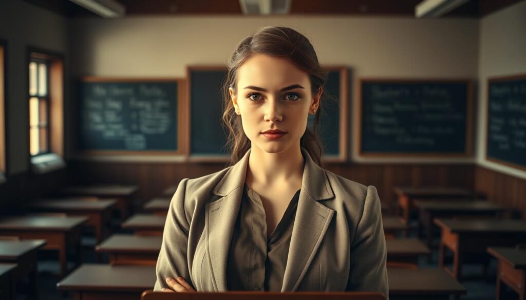 A dimly lit classroom with wooden desks and old-fashioned chalkboards in the background. In the foreground, a young woman stands at a podium, her face lit by a warm, focused light. She is dressed in a professional, conservative outfit, her gaze directed intently at the viewer. The scene conveys a sense of the early stages of her educational and professional journey, with a hint of determination and ambition in her expression. The overall atmosphere is one of quiet contemplation and the beginnings of a promising career.