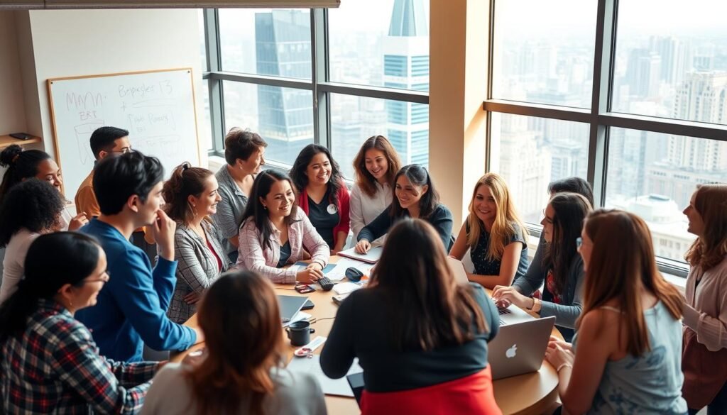 A diverse community of women in tech, gathered in a vibrant, well-lit coworking space. The foreground features animated conversations, laughter, and collaborative brainstorming sessions around a central table. The middle ground showcases various tech devices, laptops, and whiteboards, highlighting the professional and innovative atmosphere. In the background, a large window offers a view of a bustling city skyline, symbolizing the connection between the community and the broader technology industry. The overall mood is one of empowerment, support, and camaraderie, where women in technology can thrive and uplift one another.