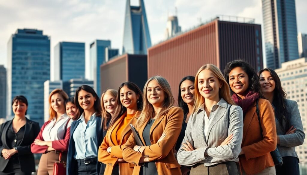 A diverse group of professional women in various career attire, representing a range of occupations, standing confidently against a backdrop of modern office buildings, skyscrapers, and city skyline. Warm, natural lighting illuminates their faces, conveying a sense of opportunity, progress, and empowerment. The scene exudes a dynamic, aspirational atmosphere, highlighting the breadth of career paths and industries accessible to women in the present-day job market.