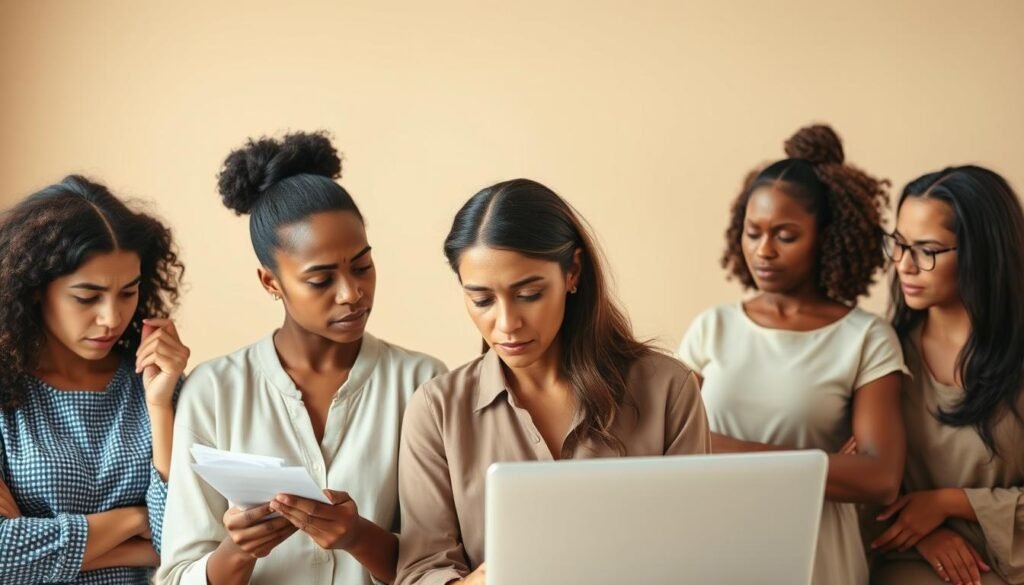 A diverse group of women facing various financial challenges, set against a neutral, warm-toned background. In the foreground, a woman worried over bills, another researching investment options on a laptop. The middle ground depicts a woman juggling household expenses, while in the background, a woman contemplates retirement planning. Soft, natural lighting illuminates their expressions of concern and determination. The scene conveys the critical need for financial literacy to empower women's money management and overcome systemic barriers.