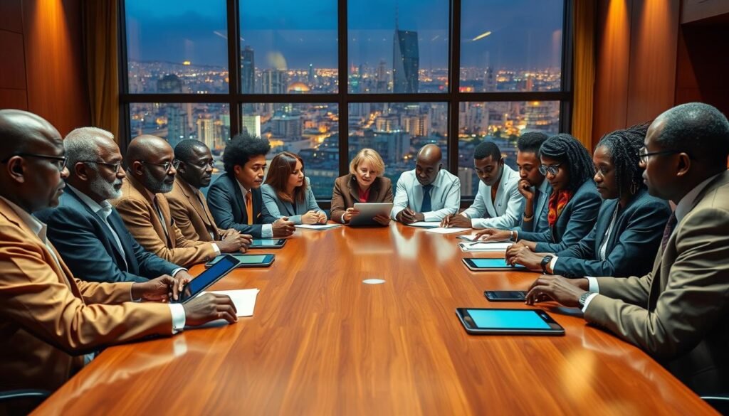 A group of distinguished African scientists gathered in a warm, well-lit conference room, engaged in animated discussion around a polished wooden table. In the foreground, the leaders of the African Academy of Sciences sit at the head, their expressions pensive yet determined as they chart the future of scientific innovation on the continent. The middle ground features a diverse array of academics, their faces illuminated by the soft glow of tablet screens and the occasional nod of agreement. The background depicts floor-to-ceiling windows, offering a panoramic view of a vibrant city skyline, symbolizing the global impact of the academy's work.