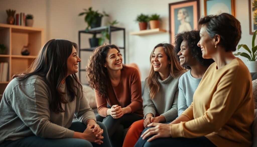 A group of diverse women gathered in a cozy living room, engaged in deep conversation. Warm lighting casts a soft glow, creating an atmosphere of intimacy and trust. In the foreground, two friends sit close, hands clasped, leaning towards each other. A third woman listens intently, a compassionate smile on her face. In the middle ground, another pair laughs heartily, their bond evident. The background features a bookshelf, potted plants, and tasteful artwork, conveying a sense of home and comfort. The scene radiates a feeling of authentic connection, mutual understanding, and the rejuvenating power of meaningful social interactions.