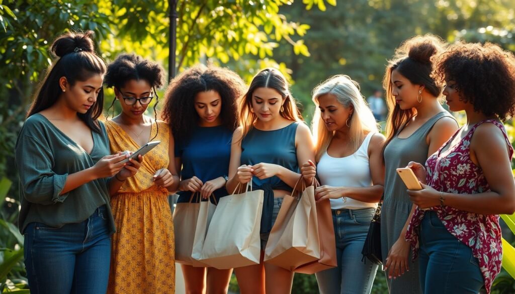 A group of diverse women, representing different ages, ethnicities, and body types, stand together in a sun-dappled, lush garden setting. They are engaged in various conscious consumption activities - some are examining product labels, others are exchanging reusable bags, and a few are discussing the merits of sustainable fashion. The women's expressions convey a sense of determination and community as they navigate the shifting landscape of conscious consumerism. Soft, warm lighting illuminates the scene, creating a tranquil, inspiring atmosphere that captures the spirit of the consumer shift towards purposeful shopping. A group of diverse women, representing different ages, ethnicities, and body types, stand together in a sun-dappled, lush garden setting. They are engaged in various conscious consumption activities - some are examining product labels, others are exchanging reusable bags, and a few are discussing the merits of sustainable fashion. The women's expressions convey a sense of determination and community as they navigate the shifting landscape of conscious consumerism. Soft, warm lighting illuminates the scene, creating a tranquil, inspiring atmosphere that captures the spirit of the consumer shift towards purposeful shopping.
