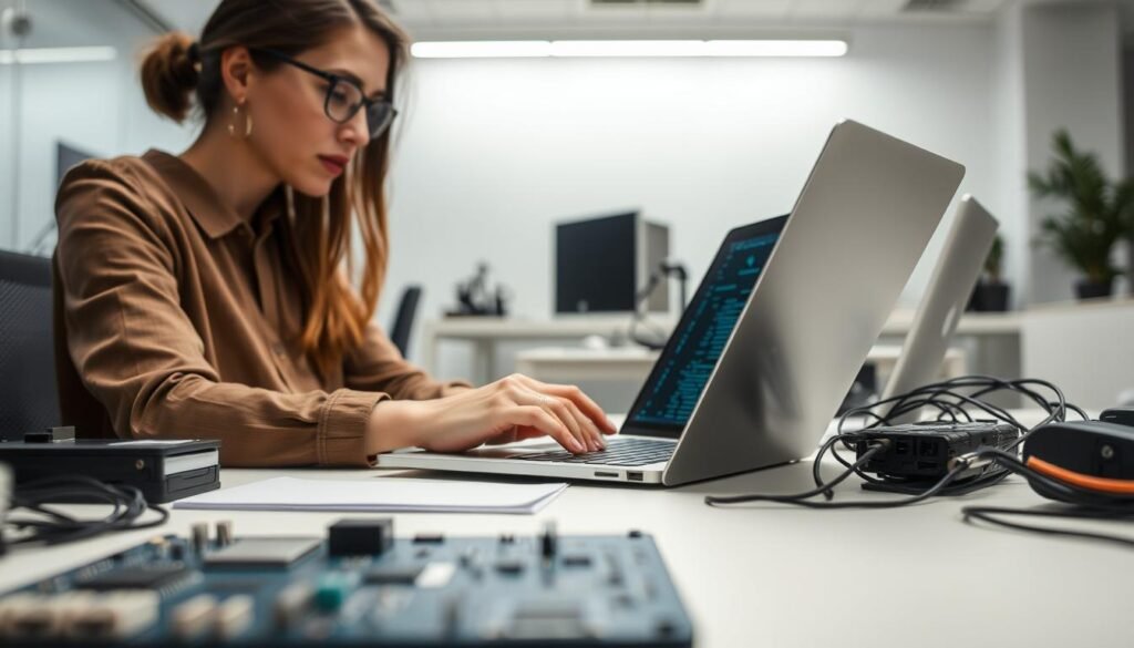 A highly technical and professional scene showcasing the essential skills for technical jobs. In the foreground, a woman skillfully coding on a sleek laptop, her fingers moving with precision. In the middle ground, various electronic components and circuits arranged neatly, hinting at the need for hardware expertise. The background features a minimalist, well-lit office environment, with clean lines and modern decor, conveying a sense of innovation and technological advancement. The lighting is soft and diffused, highlighting the focus and concentration of the woman. The overall atmosphere is one of intellectual rigor, problem-solving, and the mastery of complex technical disciplines.