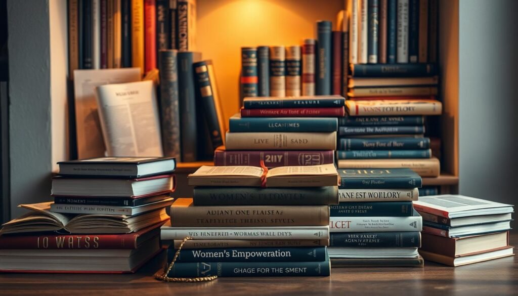 A meticulously curated collection of resources, books, and guides arranged in a visually appealing manner, illuminated by soft, warm lighting. The books are bound in rich, earthy tones, subtly hinting at the depth and significance of the content within. The arrangement suggests an atmosphere of thoughtful contemplation and discovery, inviting the viewer to explore the wealth of information on women's empowerment. The overall composition conveys a sense of authority, credibility, and a dedication to providing comprehensive and reliable references for this important subject matter.