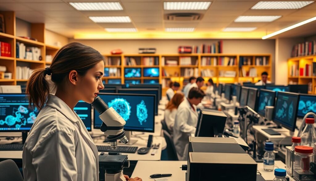 A modern biotechnology research lab at the University of Cambridge, with rows of workstations and state-of-the-art scientific equipment. Warm, diffused lighting illuminates the space, casting a soft glow on the researchers intently studying samples and analyzing data. In the foreground, a young female scientist in a white lab coat peers through a microscope, her face reflecting intense focus. The middle ground features a bank of computer monitors displaying complex molecular models and simulations. In the background, shelves of reference books and scientific journals line the walls, hinting at the depth of knowledge and innovation occurring within these walls.