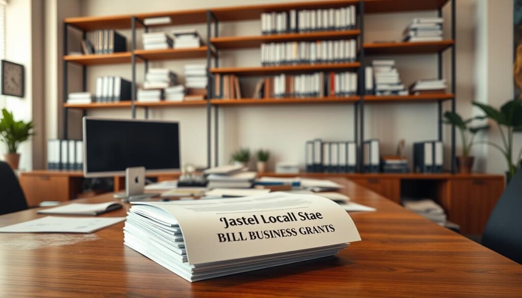 A modern office interior with a large wooden desk, a computer monitor, and various business documents and materials scattered across the surface. In the background, a wall-mounted shelving unit displays an array of books and financial records. Soft, warm lighting illuminates the scene, creating a professional and productive atmosphere. On the desk, a stack of documents with the words "State Local Business Grants" prominently displayed, hinting at the financial assistance available to small business owners. The overall composition conveys a sense of opportunity and support for entrepreneurial endeavors, particularly for women in business.