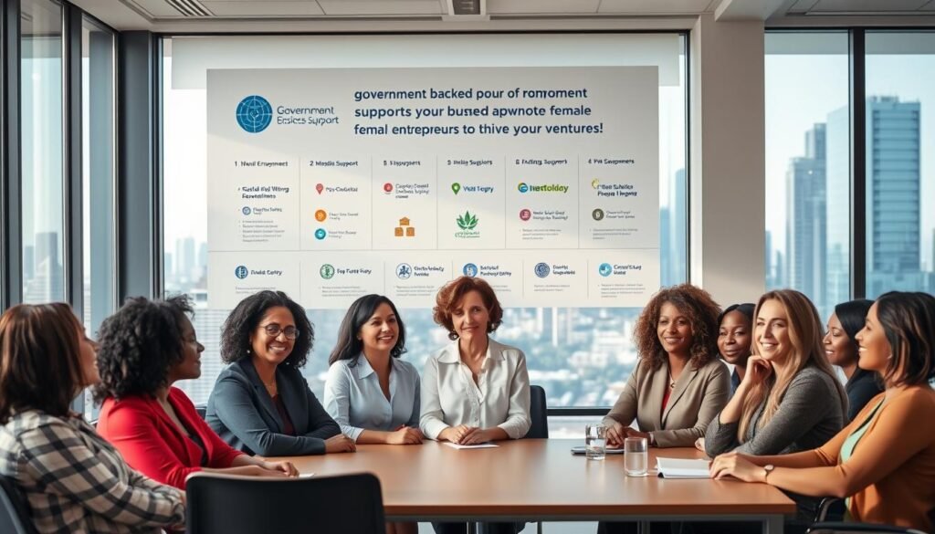 A modern office interior with a warm, inviting atmosphere. In the foreground, a group of diverse women business owners sit around a conference table, engaged in a lively discussion. Their faces reflect determination and a sense of collaboration. The middle ground shows a wall display highlighting government support programs, including logos, statistics, and funding information. The background features large windows overlooking a bustling city skyline, conveying a sense of urban progress and opportunity. The lighting is soft and natural, creating a professional yet encouraging ambiance. The overall scene suggests a government-backed initiative empowering female entrepreneurs to thrive in their ventures.