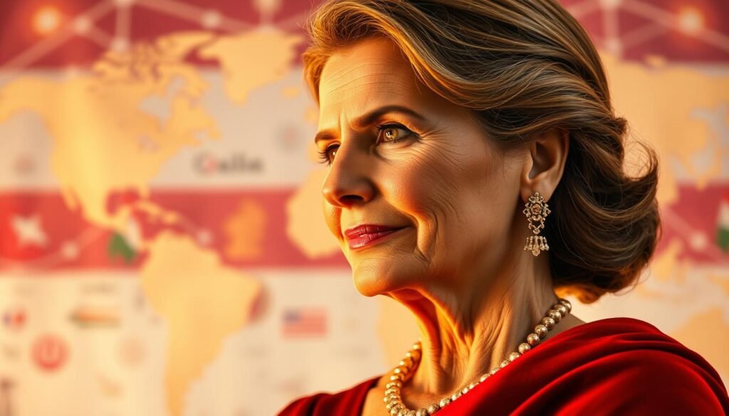 A powerful and inspirational portrait of Queen Rania of Jordan, captured in a serene and thoughtful pose against a backdrop of global connectivity. In the foreground, the queen's regal presence is highlighted by warm, natural lighting that casts a gentle glow on her face, conveying a sense of wisdom and compassion. The middle ground features a tapestry of diverse cultural symbols, representing the queen's commitment to cross-cultural dialogue and understanding. In the background, a network of interconnected lines and shapes suggests the global reach of her humanitarian work and advocacy. The overall atmosphere is one of dignity, purpose, and a unifying vision for a more just and equitable world.