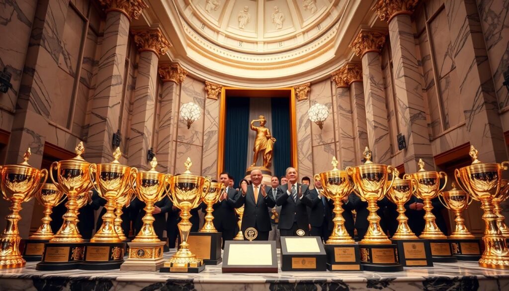 A prestigious awards ceremony set in a grand, marble-clad hall. The foreground features an array of gleaming trophies, medals, and plaques on display, casting a warm glow under the soft, diffused lighting. In the middle ground, a group of distinguished guests in formal attire stand applauding, capturing the celebratory atmosphere. The background showcases towering, ornate columns and a lofty, domed ceiling, conveying a sense of grandeur and international prestige. The image exudes a tone of achievement, recognition, and global influence, befitting the section title "International Awards and Honors".