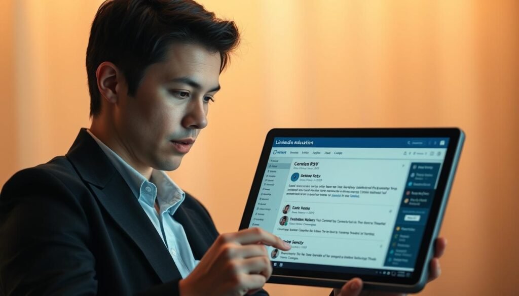 A professional headshot of a person intently reviewing their LinkedIn education section, set against a blurred background with a warm, inviting color palette. The subject is positioned slightly off-center, with a pensive, focused expression as they carefully analyze the details on the screen. Soft, directional lighting highlights their face and creates a sense of depth and dimension. The overall composition conveys a strategic and thoughtful approach to optimizing one's educational credentials on the LinkedIn platform.