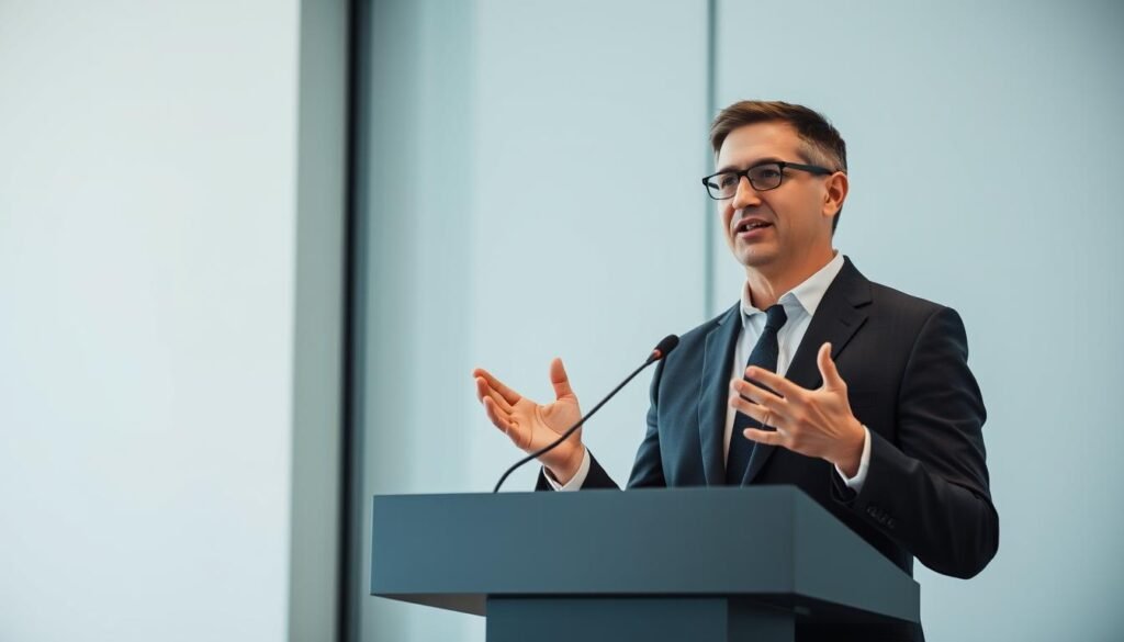 A professional negotiator stands at a podium, delivering a presentation on "Avoiding Common Negotiation Mistakes". The background is a sleek, minimalist office setting, with clean lines and a neutral color palette. Soft, diffused lighting creates a sense of focus and clarity. The negotiator's expression is one of authority and confidence, guiding the audience through the key pitfalls to avoid during salary negotiations. The composition emphasizes the negotiator's presence, with a medium-close framing that draws the viewer's attention to their gestures and body language. Overall, the image conveys a sense of expertise, professionalism, and the importance of thoughtful preparation in effective salary negotiations.