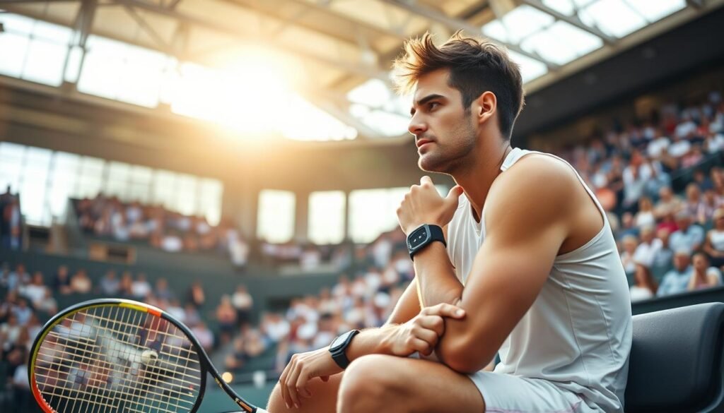 A professional tennis player, seated on a bench, takes a contemplative pause during a tournament. Sunlight filters through the stadium's open roof, casting a warm glow on their pensive expression. The athlete's racket rests at their side, a symbol of the intense dedication and focus required in the sport. In the background, a blurred crowd watches, their cheers and applause muted, as the player reflects on the demands of the game and the importance of mental well-being. The image conveys a sense of introspection and the necessity of self-care, even amidst the pressure and scrutiny of elite competition.