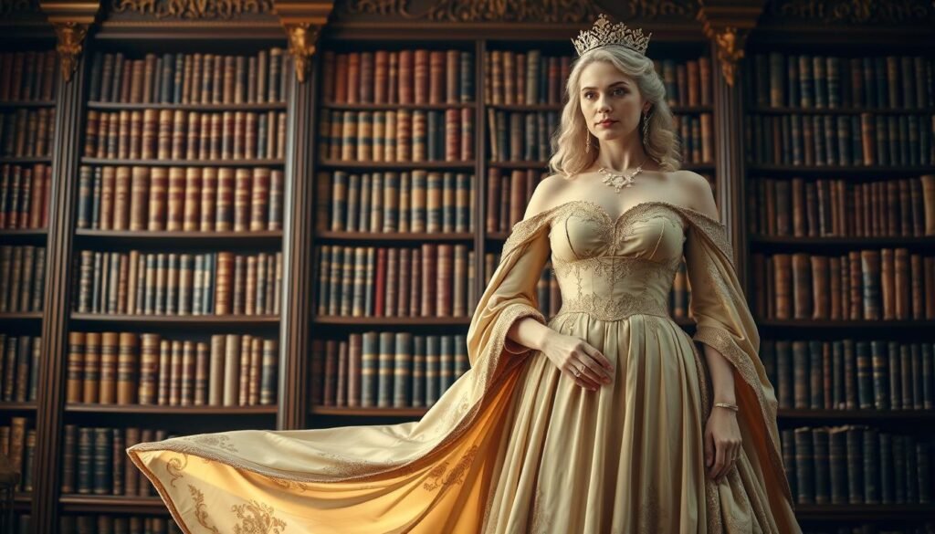 A regal figure stands gracefully, adorned in a flowing, ornate gown. Her confident posture and serene expression convey a sense of poise and intellectual depth. Behind her, a grand, ornate bookshelf filled with leather-bound tomes suggests a life dedicated to the written word. Soft, warm lighting casts a gentle glow, creating an atmosphere of contemplation and scholarly pursuits. The overall scene evokes a sense of literary accomplishment, intellectual refinement, and a life's work dedicated to the advancement of knowledge and the arts.