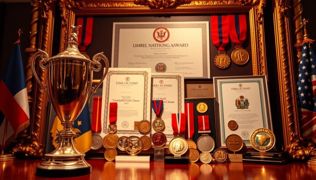 A richly detailed scene depicting the international awards and accolades earned by the renowned figure. In the foreground, an elegant trophy gleams under warm, focused lighting, casting a soft glow. The middle ground features various certificates and medals, each adorned with intricate designs that capture the prestige of the achievements. In the background, a majestic, gilded frame surrounds the composition, lending an air of grandeur and significance. The overall mood is one of celebration and recognition, reflecting the individual's remarkable accomplishments on the global stage.