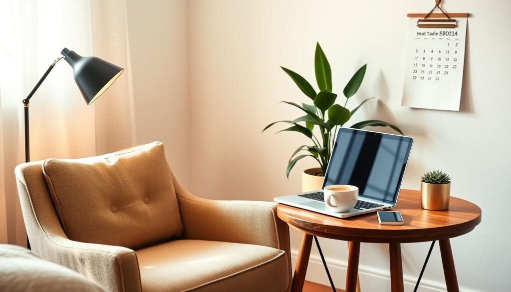 A serene home office with a cozy armchair, a laptop, and a cup of coffee on a wooden side table. The room is bathed in soft, warm lighting, creating a comfortable, productive atmosphere. In the background, a lush indoor plant and a minimalist wall calendar suggest a balanced lifestyle. The arrangement conveys the essence of a passive income side hustle - effortless, relaxed, and financially rewarding.