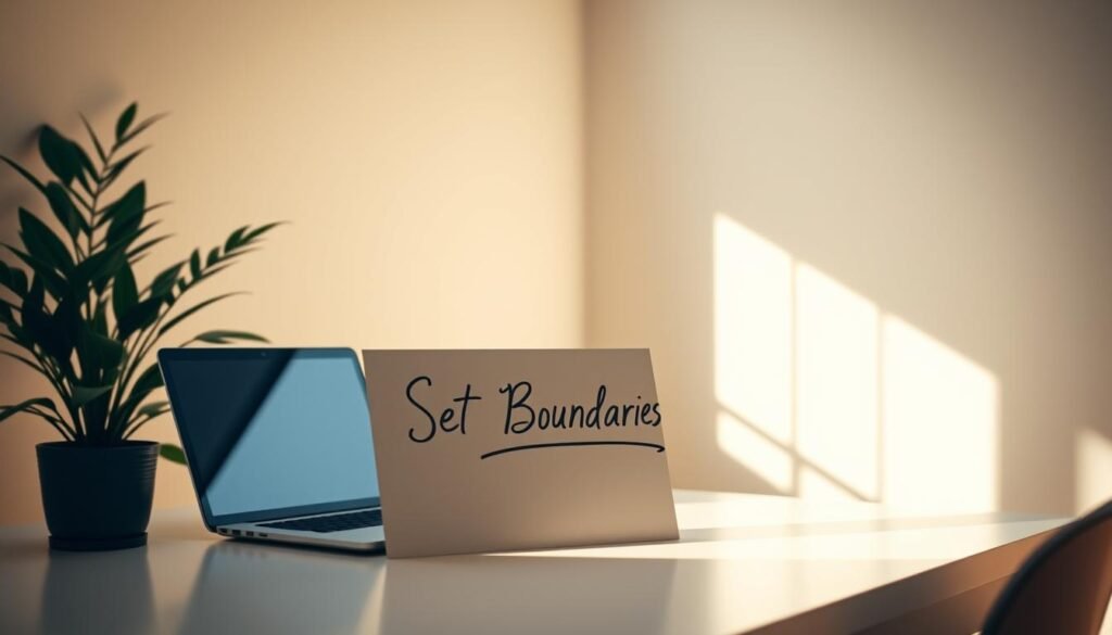 A serene home office with a minimalist desk, a laptop, and a potted plant. The room is bathed in warm, natural light filtering through a large window, creating a calming atmosphere. On the desk, a handwritten sign reads "Set Boundaries" in elegant cursive. The background features a neutral-toned wall, emphasizing the simplicity and focus of the scene. The overall composition conveys a sense of control, productivity, and a healthy work-life balance.