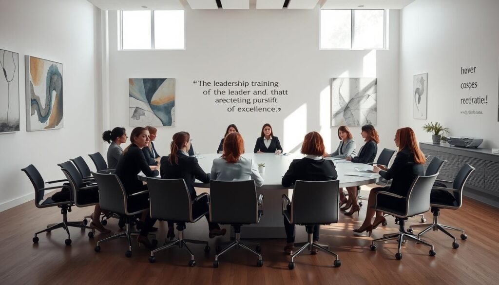 A serene meeting room with a large oval table, natural lighting streaming in from tall windows, and a minimalist, professional atmosphere. Poised women in business attire sit around the table, engaged in a focused discussion. The room exudes a sense of empowerment, collaboration, and strategic planning. The walls are adorned with abstract artwork and inspirational quotes, subtly highlighting the objectives of the leadership training program. The overall scene conveys a sense of purpose, growth, and the collective pursuit of excellence.