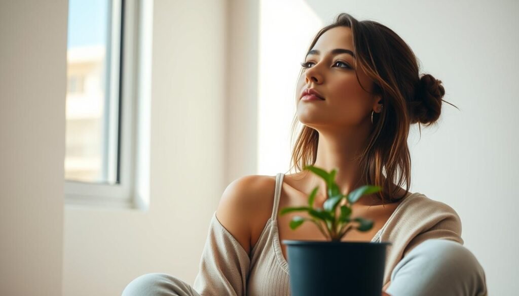 A serene, minimalist composition depicting a woman in quiet contemplation. Soft natural lighting filters through a window, casting a warm glow on her face as she gazes inwardly. In the foreground, a potted plant symbolizes the nurturing of her mental and physical wellbeing. The background is a clean, uncluttered space, allowing the viewer to focus on her introspective pose. Textures of soft fabrics and earthy tones create a calming, restorative atmosphere. The overall mood is one of balance, self-care, and the importance of holistic health for the modern woman.