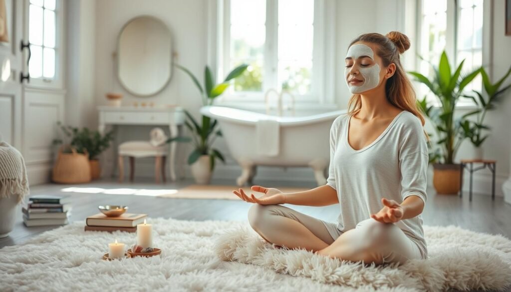 A serene, pastel-toned scene of a woman's daily self-care routine. In the foreground, she sits cross-legged on a soft, plush rug, meditating peacefully with her eyes closed, a serene expression on her face. Surrounding her are symbols of mindfulness - a burning candle, a small bowl of crystals, and a stack of inspirational books. In the middle ground, the woman stands in front of a vanity, applying a face mask with care and concentration. The background reveals an airy, light-filled bathroom, with a clawfoot tub, lush greenery, and natural sunlight streaming in through the windows, creating a calming, spa-like atmosphere. The overall mood is one of tranquility, self-nourishment, and a holistic approach to daily well-being.