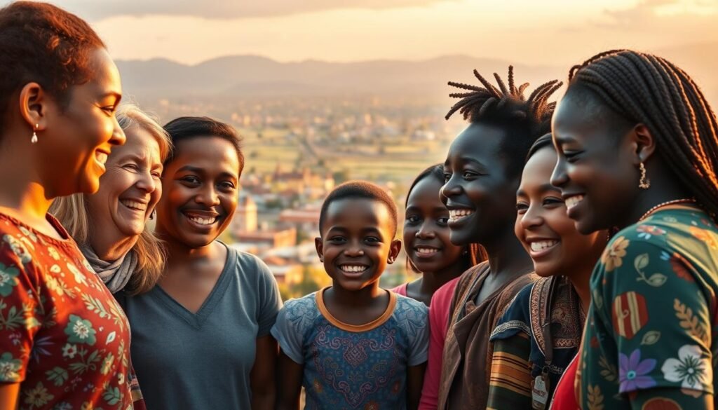 A serene scene of humanitarian achievements, set against a backdrop of vibrant colors and a sense of hope. In the foreground, a group of diverse individuals, their faces radiant with joy, engaged in acts of kindness and compassion. In the middle ground, a tapestry of humanitarian projects unfolds, from providing clean water to building schools and empowering communities. The background showcases a panoramic view of a thriving, sustainable world, a testament to the transformative power of human endeavor. Warm lighting casts a gentle glow, evoking a sense of unity and progress. The image conveys a message of unity, empowerment, and the profound impact of humanitarian work, inspiring the viewer to join in the pursuit of a better world.