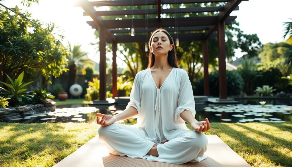 A serene, sun-dappled meditation garden with a woman in a white flowing dress sitting cross-legged on a mat, her eyes closed in deep contemplation. Lush greenery and a tranquil pond in the background, with a wooden pergola framing the scene. Soft, diffused lighting creates a calming, ethereal atmosphere. The woman's posture and facial expression convey a sense of inner peace and mindfulness. Camera angle slightly low, capturing the tranquility of the setting. Crisp, high-resolution details that draw the viewer into the moment of peaceful reflection.