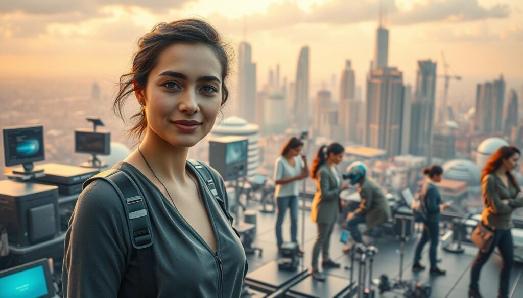 A serene technological landscape showcases the boundless opportunities for women in the digital age. In the foreground, a confident woman, her expression radiating determination, stands amidst a sleek array of futuristic gadgets and devices. The middle ground is filled with a bustling hub of activity, where women of diverse backgrounds collaborate on cutting-edge projects, their body language exuding a sense of empowerment. In the background, a cityscape of towering skyscrapers and gleaming infrastructure symbolizes the vast potential for women to shape the technological landscape of 2025. Warm, diffused lighting casts a hopeful glow, while the composition's dynamic angles and perspectives convey a sense of momentum and progress.