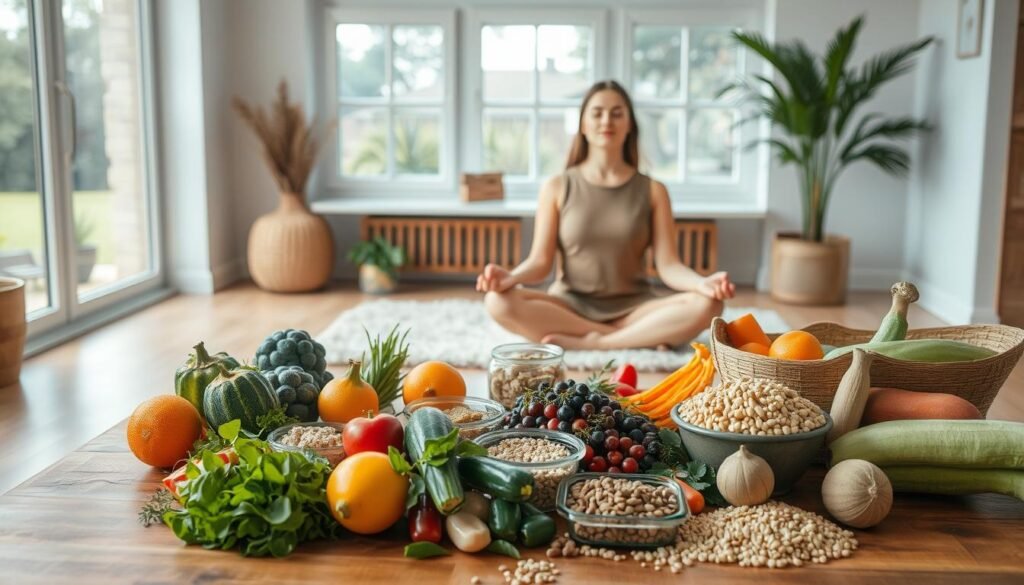 A serene, well-lit indoor scene showcasing various elements of women's wellness. In the foreground, an array of fresh produce, whole grains, and plant-based protein sources are artfully arranged on a wooden table. In the middle ground, a woman sits cross-legged on a plush rug, eyes closed in meditation, exuding a sense of calm and inner balance. The background features a large window, allowing natural light to flood the space and creating a warm, inviting atmosphere. The overall scene conveys a harmonious blend of nourishing foods, mindful practices, and an atmosphere conducive to holistic women's wellness. A serene, well-lit indoor scene showcasing various elements of women's wellness. In the foreground, an array of fresh produce, whole grains, and plant-based protein sources are artfully arranged on a wooden table. In the middle ground, a woman sits cross-legged on a plush rug, eyes closed in meditation, exuding a sense of calm and inner balance. The background features a large window, allowing natural light to flood the space and creating a warm, inviting atmosphere. The overall scene conveys a harmonious blend of nourishing foods, mindful practices, and an atmosphere conducive to holistic women's wellness.