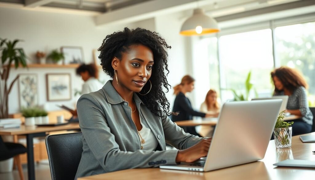 A serene, well-lit office setting with a warm, inviting atmosphere. In the foreground, a mother in professional attire sits at a desk, laptop open and focused expression, exemplifying a flexible, fulfilling career path. In the middle ground, other women of diverse backgrounds engage in collaborative tasks, conveying the collaborative nature of modern professional work. The background features tasteful decor, floor-to-ceiling windows allowing natural light to flood the space, and hints of greenery, creating an airy, productive environment. The overall scene radiates a sense of balance, empowerment, and the ability to thrive professionally while honoring family responsibilities.