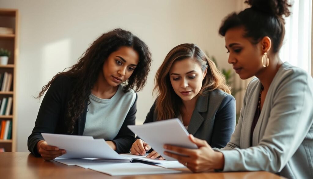 A serene yet contemplative scene of three women of diverse backgrounds gathered around a table, poring over financial documents and discussing their unique fiscal challenges. Soft, diffused natural light filters through a window, casting a warm glow on their faces as they exchange concerns and strategize solutions. In the background, a bookshelf and a potted plant add depth and a sense of a cozy, domestic setting. The women's expressions convey a mix of determination, vulnerability, and solidarity as they navigate the complexities of personal finance, reflecting the central theme of the article's section on the unique financial hurdles women face.