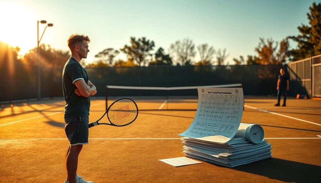 A tennis court bathed in warm, golden afternoon light. In the foreground, a player stands with a pensive expression, holding a tennis racket and gazing towards a stack of papers, representing a critical assessment of the sport's scheduling challenges. The middle ground features a calendar and clock, symbolizing the demands on players' time and the need for reform. In the background, a shadowy figure, perhaps an administrator or organizer, appears distant and disconnected from the player's concerns. An air of contemplation and unease pervades the scene, capturing the tension between player advocacy and institutional inertia.