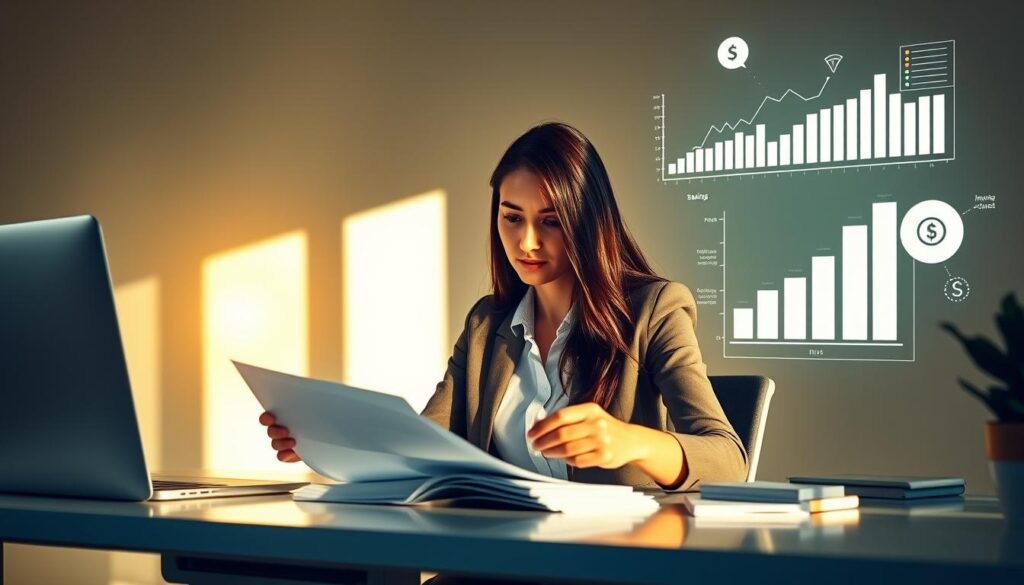 A tranquil, sun-drenched scene of a young professional woman carefully reviewing financial documents at her sleek, minimalist desk. The warm lighting casts a soft glow, creating an atmosphere of focus and concentration. In the background, a stylized visualization of investment charts and savings strategies hovers, complementing the scene. The woman's expression is one of determined contemplation, reflecting the practical, evidence-based approach to personal finance that the image aims to convey. A tranquil, sun-drenched scene of a young professional woman carefully reviewing financial documents at her sleek, minimalist desk. The warm lighting casts a soft glow, creating an atmosphere of focus and concentration. In the background, a stylized visualization of investment charts and savings strategies hovers, complementing the scene. The woman's expression is one of determined contemplation, reflecting the practical, evidence-based approach to personal finance that the image aims to convey.