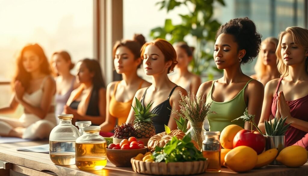 A tranquil yet vibrant scene depicting women's health considerations, bathed in warm, natural lighting. In the foreground, a diverse group of women, their expressions serene and focused, engaged in various wellness activities - yoga, meditation, and self-care rituals. The middle ground showcases an array of nutritious foods, vibrant fruits, and herbal remedies, symbolizing the importance of holistic health. In the background, a softly blurred cityscape or natural landscape, representing the broader context of women's wellbeing. The composition is balanced, with a sense of harmony and introspection, inviting the viewer to contemplate the multifaceted nature of women's health. A tranquil yet vibrant scene depicting women's health considerations, bathed in warm, natural lighting. In the foreground, a diverse group of women, their expressions serene and focused, engaged in various wellness activities - yoga, meditation, and self-care rituals. The middle ground showcases an array of nutritious foods, vibrant fruits, and herbal remedies, symbolizing the importance of holistic health. In the background, a softly blurred cityscape or natural landscape, representing the broader context of women's wellbeing. The composition is balanced, with a sense of harmony and introspection, inviting the viewer to contemplate the multifaceted nature of women's health.